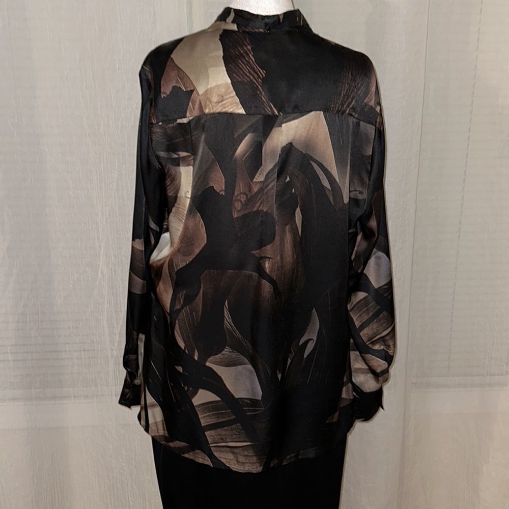 All Saints Black Satin Abstract Floral Tie-Neck Blouse with Bronze Accents - Picture 14 of 16